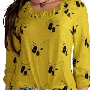 Anthropologie Postmark Top Boston Terrier Dog Ruched 3/4 Sleeve Mustard Size XS